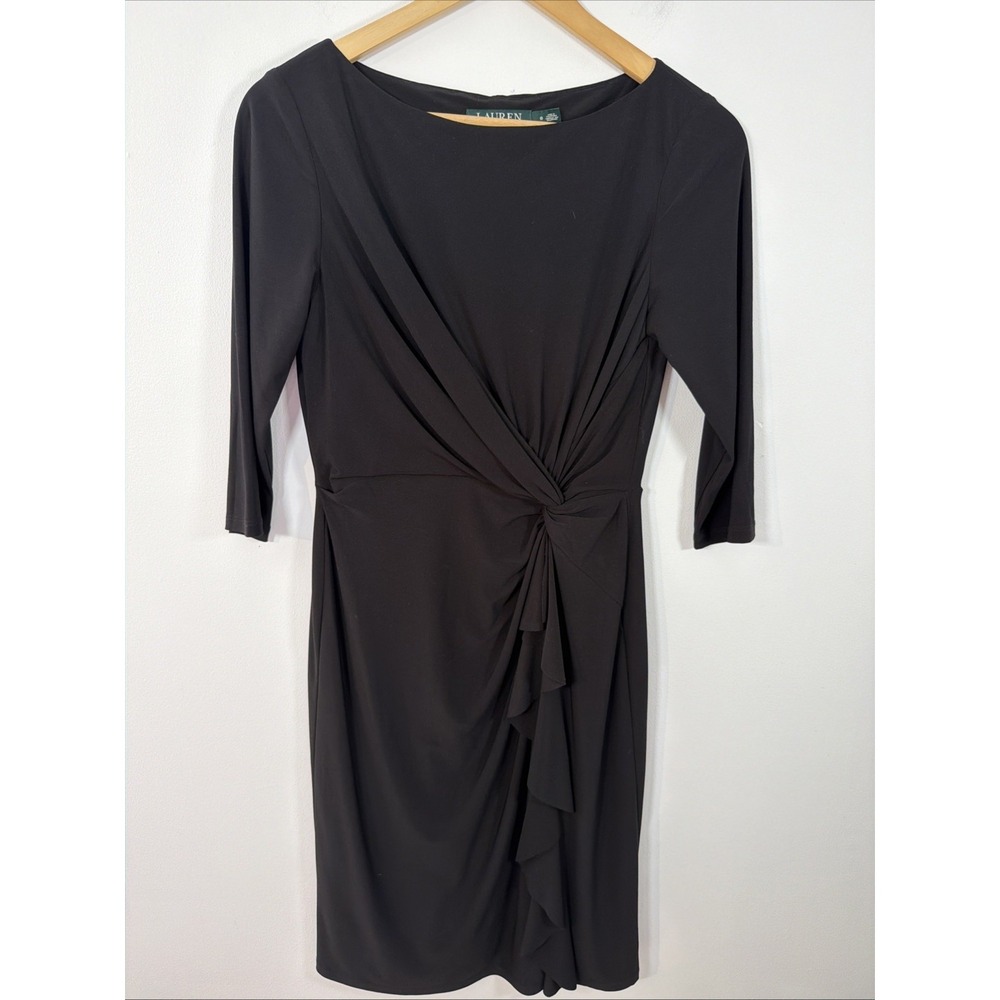 Ralph Lauren Sheath Midi Dress 6 Black 3/4 Sleeve‎ Waterfall Ruched Twist Waist